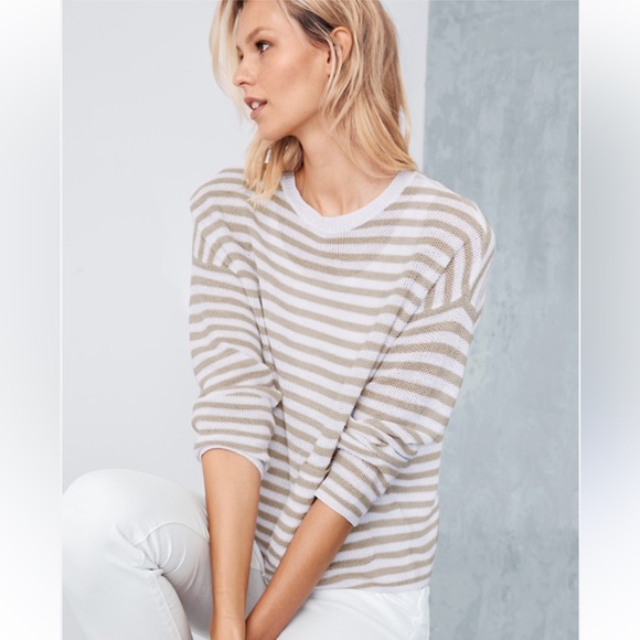 Eileen Fisher Organic Linen Striped Sweater White Tan...